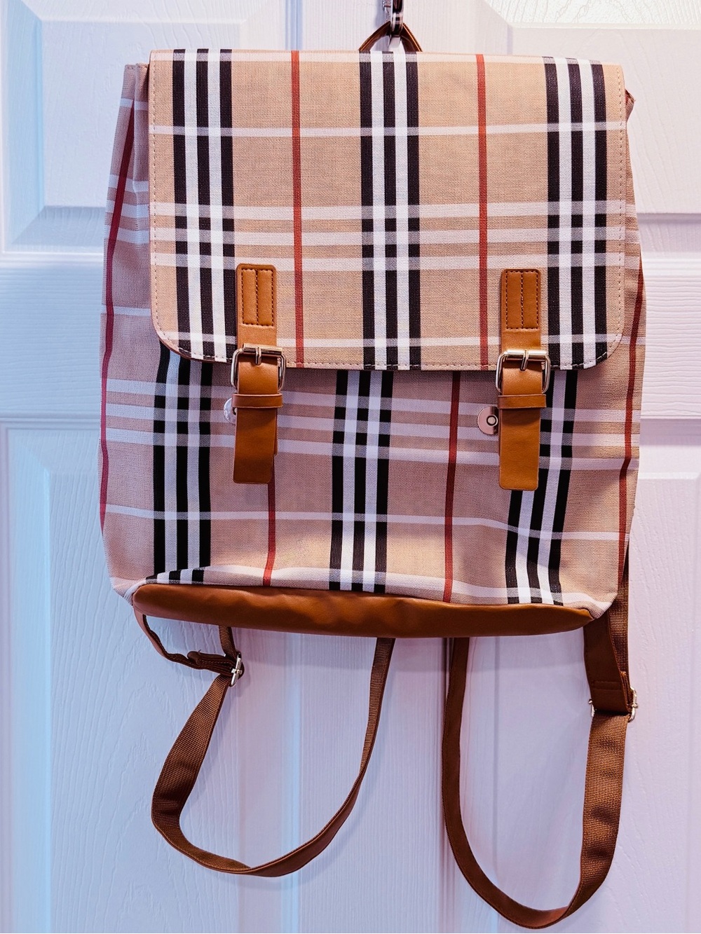 Classic Plaid Tan Canvas Backpack with Leather-like Trim